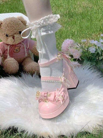 Star Hime Mary with Key Lolita Bow Shoes Fastener Decor Pink Top Jane