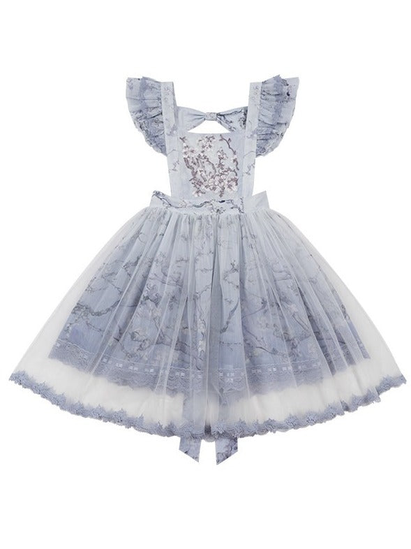 Blue & Purple Floral Embroidery Flutter Sleeve Bow Lolita Overlay Dress with Lace - Yimu Walnut
