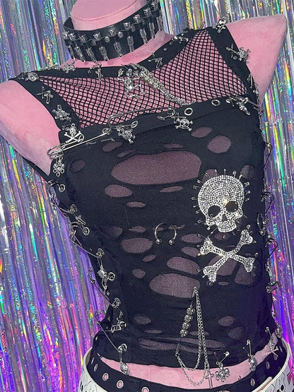 ディテールとラインストーンのノースリーブピントップスケルトンパンクブラックカットアウト装飾