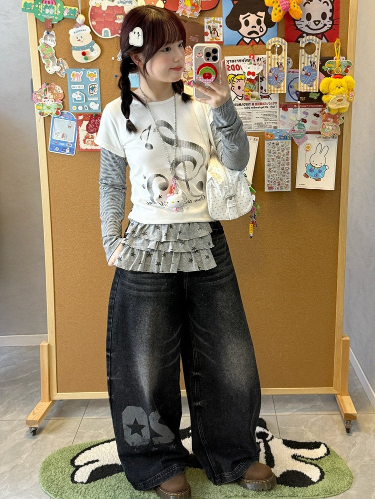 Wide-leg Faded Y2K Print Number Black - Wash with Jeans
