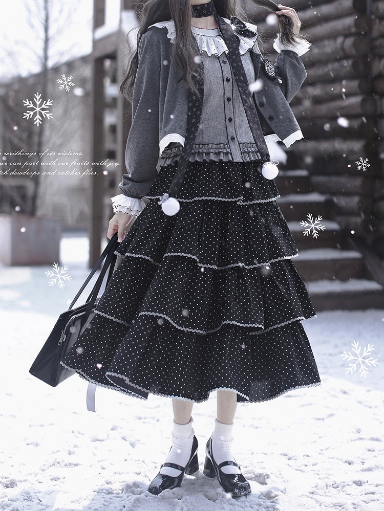 Tiered Dot Skirt Polka Tea Length Black