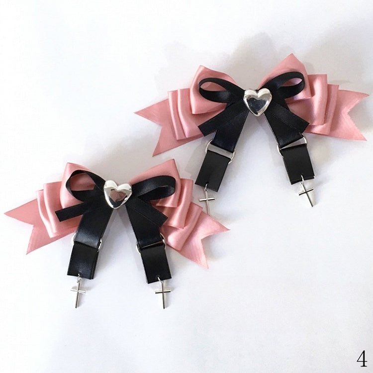 Rhinestone Pink Kei Cross Heart-Shaped and Charms Bow Hairclips Black/Black Jirai with