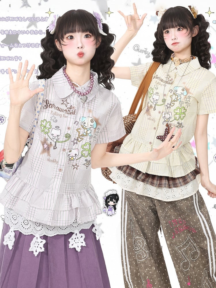 Purple Plaid Short Sleeve Shirt with Cartoon Print - Languid Park