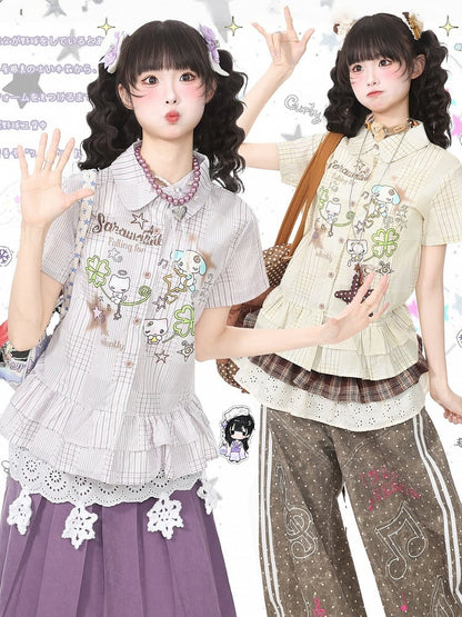 Yellow Plaid Short Sleeve Shirt with Cartoon Print - Languid Park