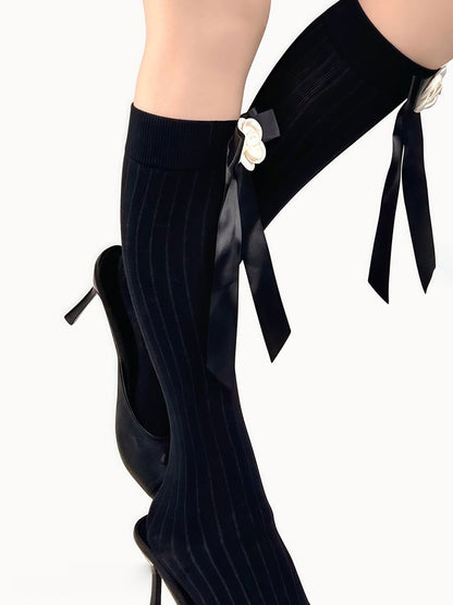 White/Black Ribbon Calf Bowknot Camellia Socks
