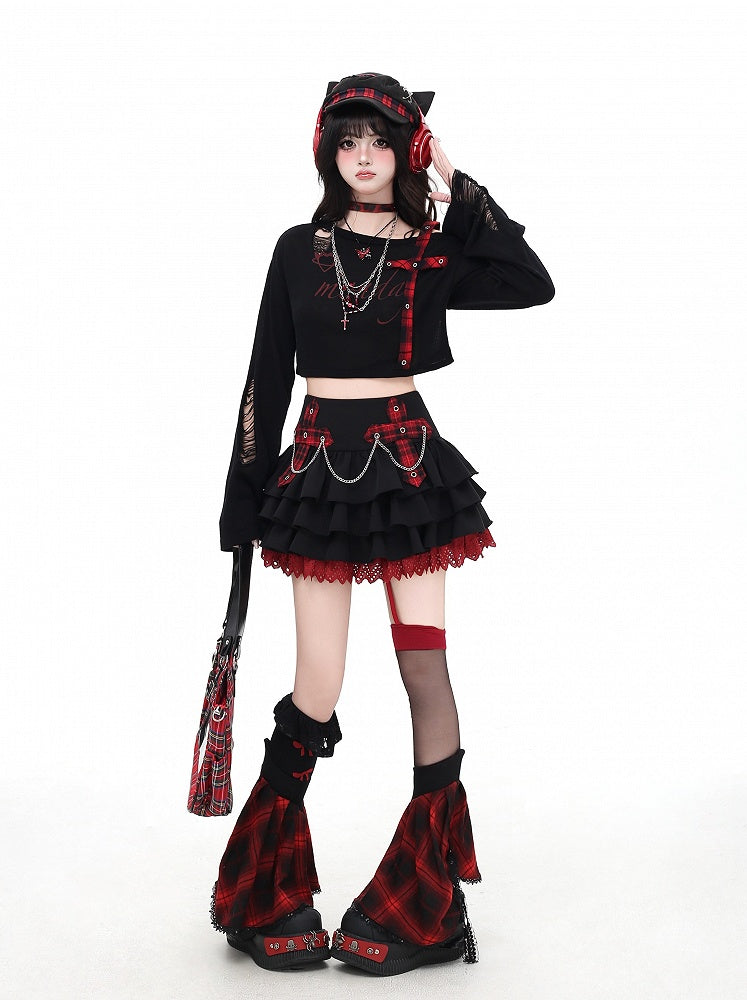 Trim Appliques Plaid Cross Lace Skirt Decorated Tiered Pink/Red Chains