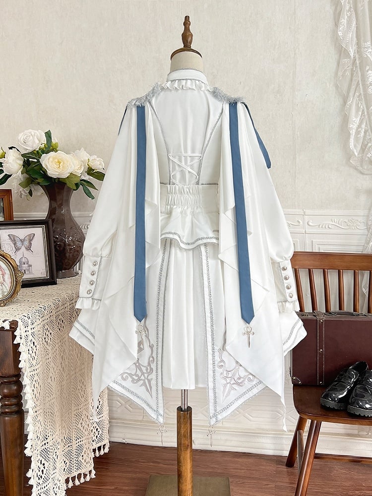 Military Lolita 3-Piece Set with Corset Belt – Top, Skirt and Belt, White and Blue (Xiong Dou Jiang)