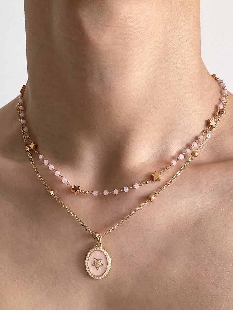 Y2K Layered Beaded Necklace in Blue & Pink with Star Pendant - YSHXS