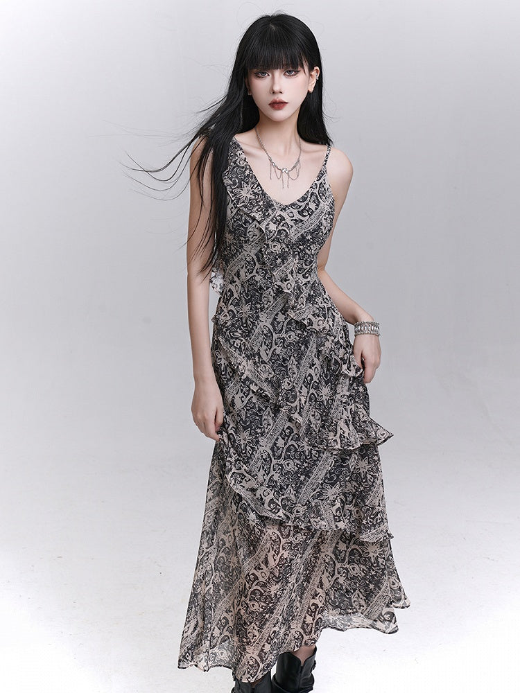 Cascading Trim Ankle-Length with Gothic Dress Gray Ruffle A-Line Tie-Dye