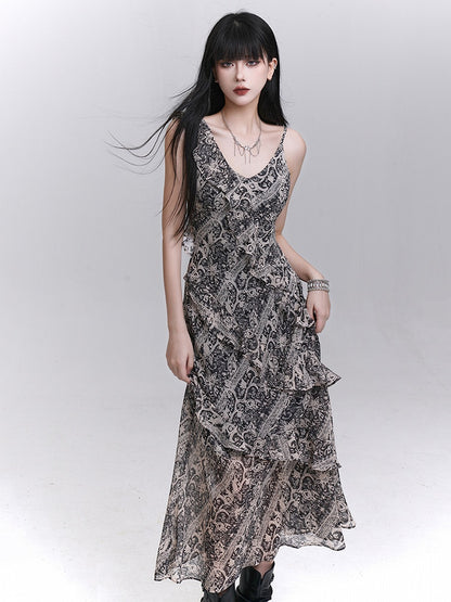 Cascading Trim Ankle-Length with Gothic Dress Gray Ruffle A-Line Tie-Dye