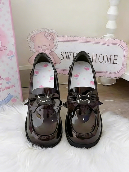 School-style Accents Paw PU Cat Bow Decor with Heels Loafers Mid-heel Brown 5cm