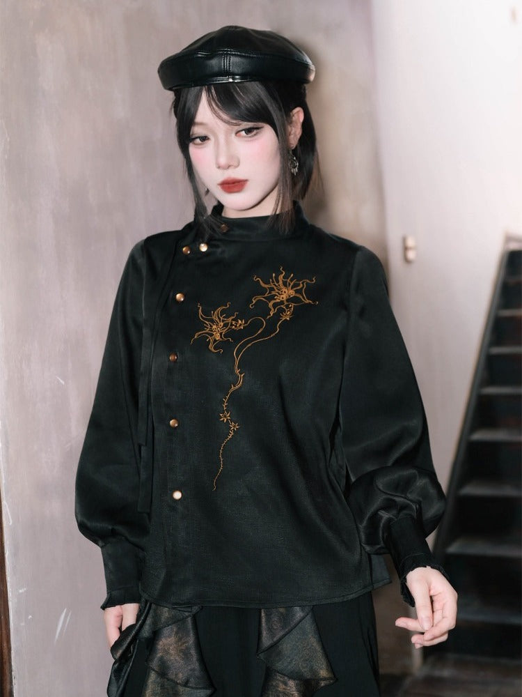 Black Stand Collar Long Sleeve Shirt with Asymmetric Placket, Mandala Embroidery and Tie Accents - Quirky Hut