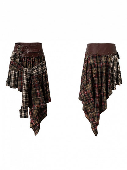 Asymmetrical Knotted Dual Triangular Hemline with Waistband Plaid Front Ties Dark Red PU Vintage Punk Skirt Rock