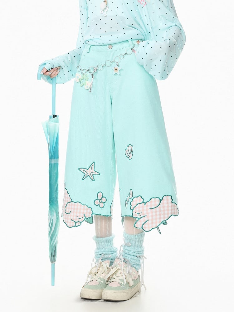 Green Cropped Wide-Leg Puppy Jeans - Languid Park