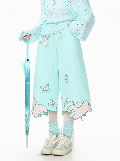 Green Cropped Wide-Leg Puppy Jeans - Languid Park