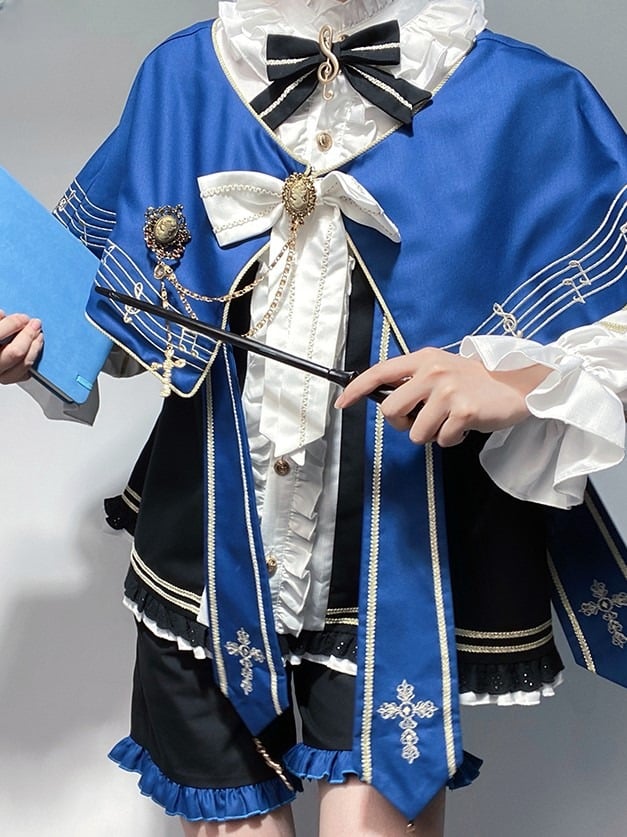 with and Top Set Musical Note Lolita Capelet + White Ouji Embroidered Blue Full Shorts