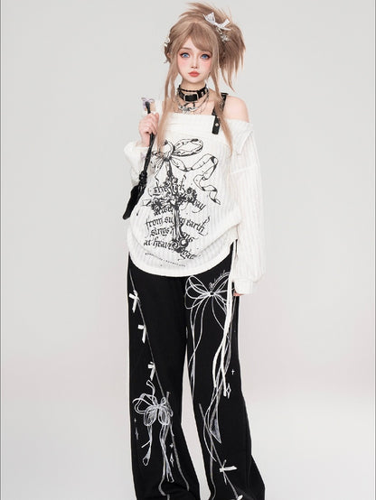 White/Beige/Black Cross Off-Shoulder Top Drawstrings at Side