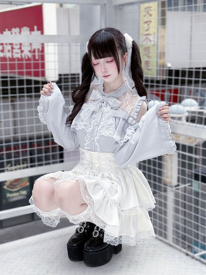 Three-Piece Sleeve Jirai Blouse Flared Blue Kei Set: Cutout Shoulder