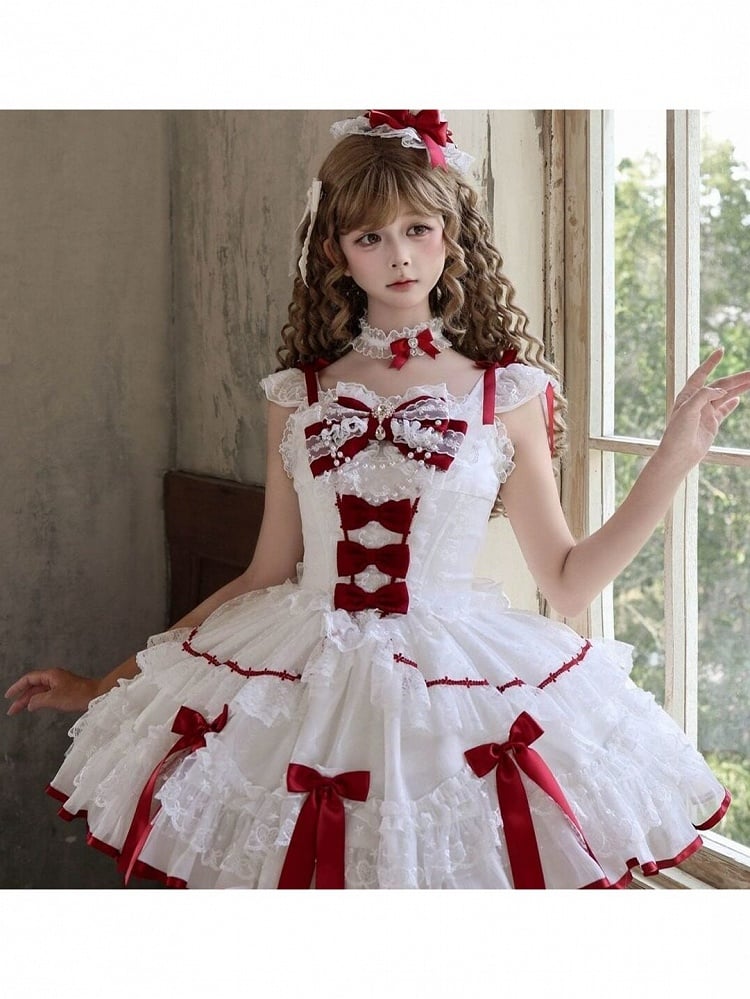 Red & White Lace Bow Lolita JSK Dress - Miss Han