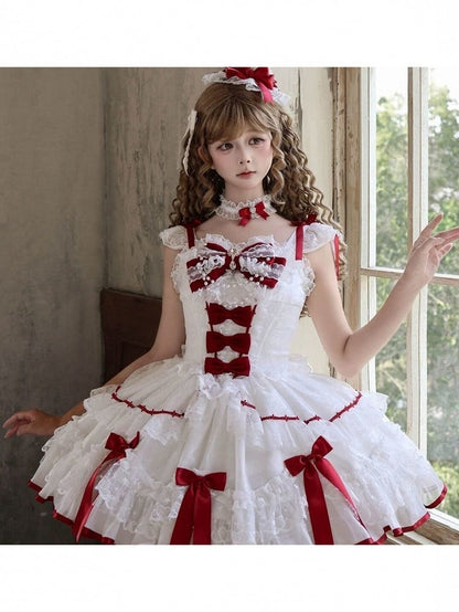 Red & White Lace Bow Lolita JSK Dress - Miss Han