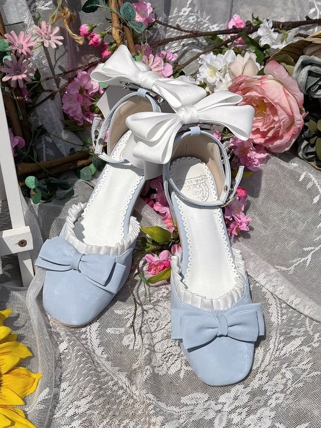 Classic Bowknot PU Details Mid-heel Blue in Ruffles with Lolita Shoes Trim Leather