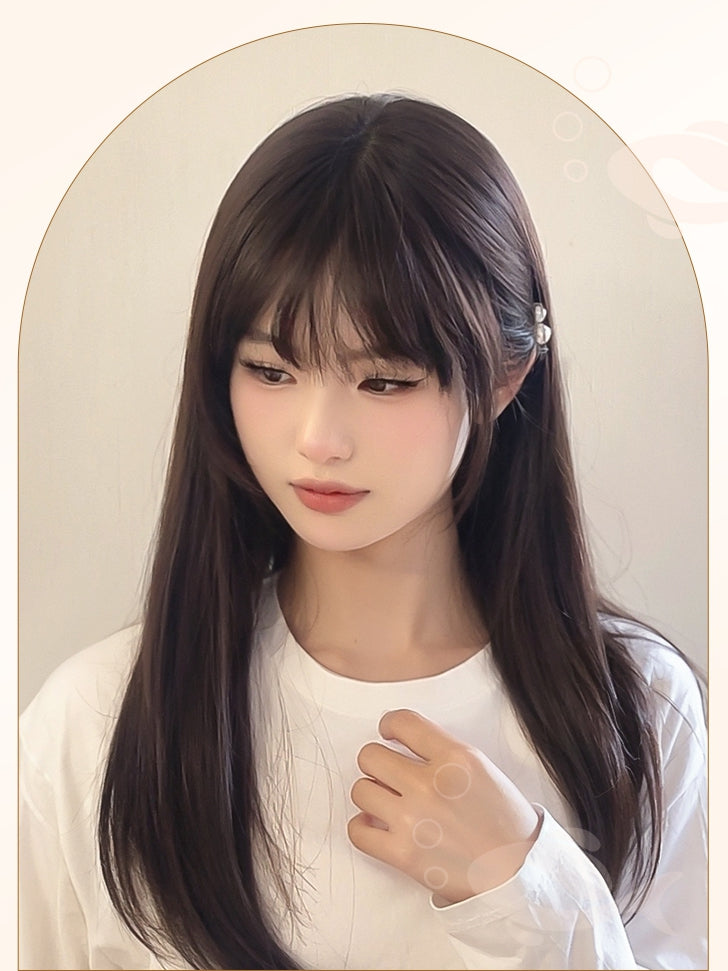 Dunkle Perücke 60CM Luftlänge Braun mit Pony Glatt