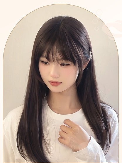 Dunkle Perücke 60CM Luftlänge Braun mit Pony Glatt