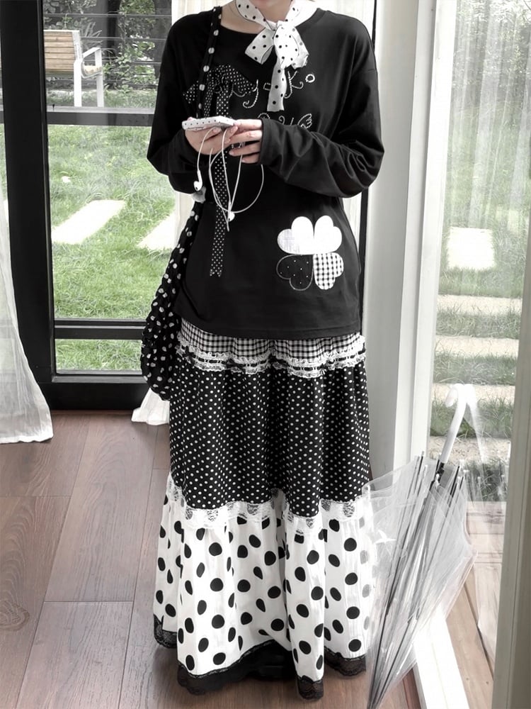 Maxi Skirt Lace Polka White Dot Panelled Black with Trim