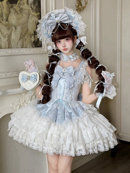 Blue Ballet Style Lace Ruffle Lolita JSK Dress with Bead Chain Bow Details - White Sugar Girl