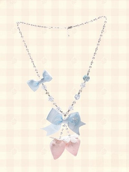Lolita Necklace with Beaded Chain Strawberry Pink/Red/Blue Pendant