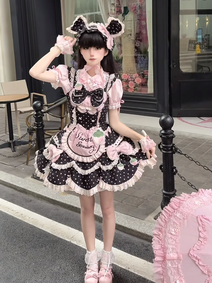 Dot Themed Adorable and Pink Hairband Polka Bonnet JSK Details Set Bow Dress Strawberry + Full Bunny Lace Ear Choker Lolita Black with