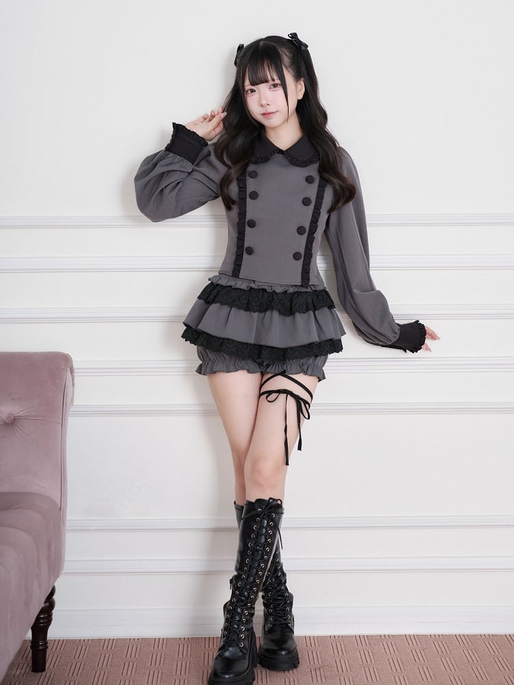 Black & Gray Jirai-Kei Peter Pan Collar Long-Sleeve Top, Double-Breasted & Ruffled - No Genki