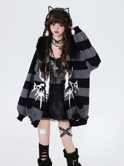 Hooded Striped Gray Fur Detachable Faux Zip Trim Punk Black with Sweater