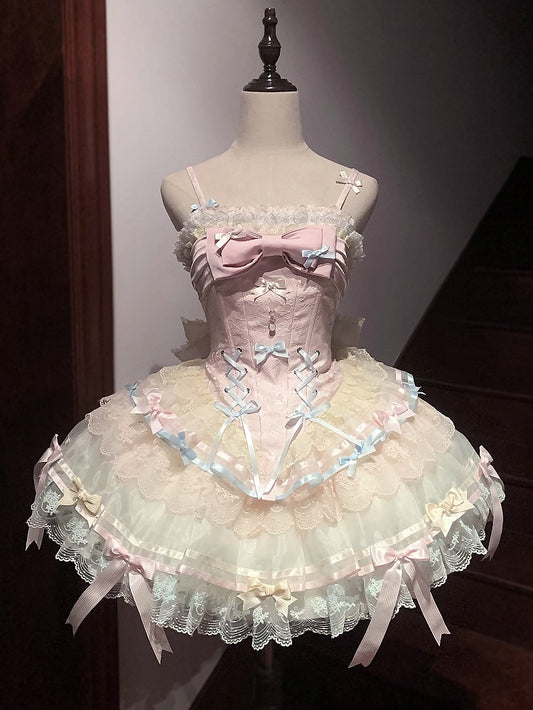 ドレスのアクセントコルセット骨ストラップレインボーロリータスカートリボン薄手ジャンパーショルダーパステル