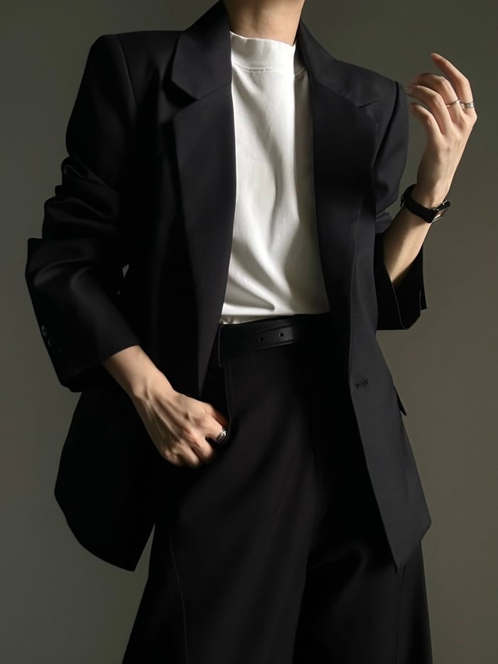 Black Collar with Notched Front Button Blazer - Ouji