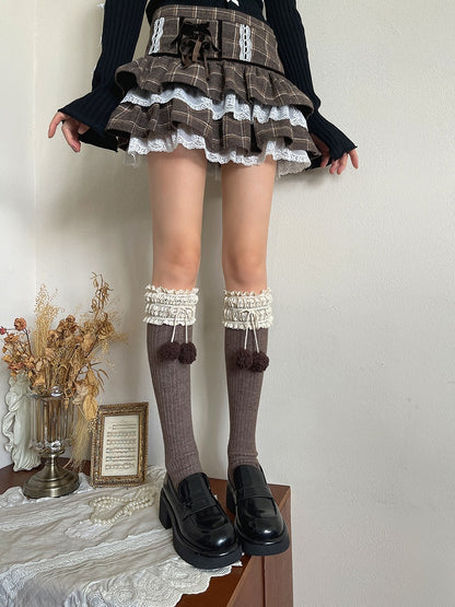 Colors with Decorations 5 Pom-Pom Warm Trim Calf Socks Lace