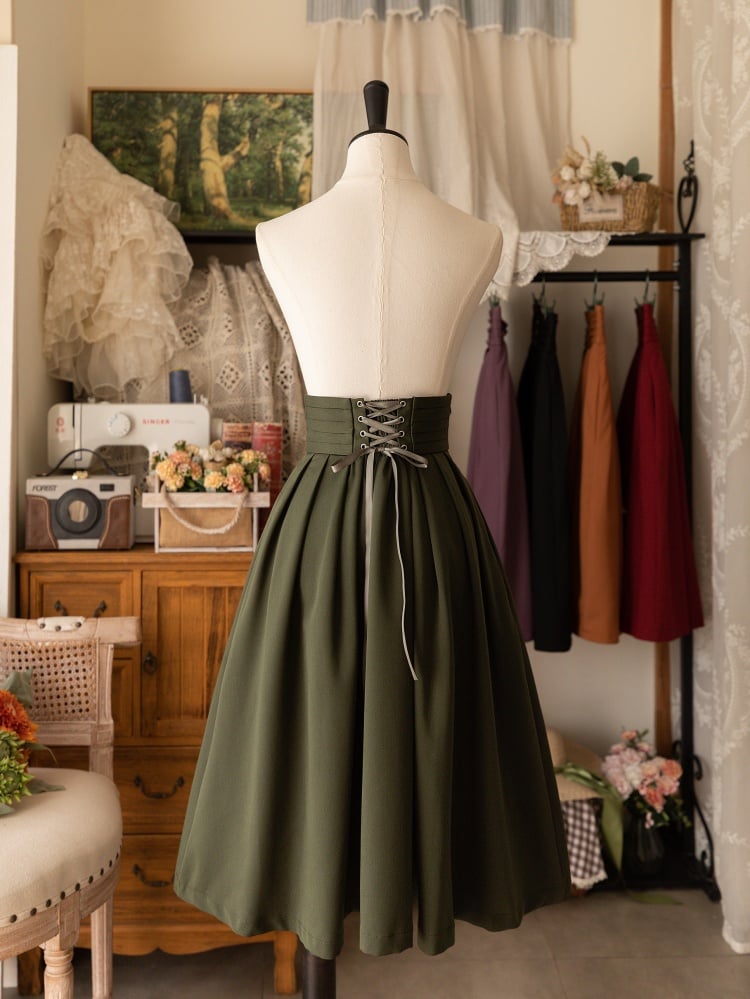 Classic Lolita High-Waisted Pleated Midi Skirt in Olive Green