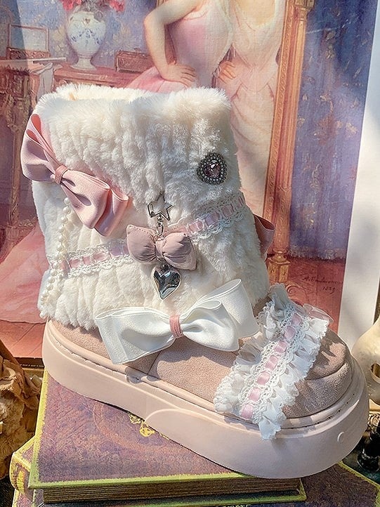 Lolita Bow Sweet Pink Plush Shoes with Beige Accents