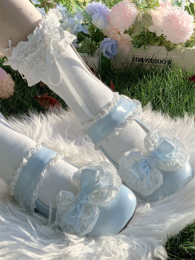 Print Janes with Velcro in Strap PU Mary Toe - Low-heel/Mid-heel Paw Round Bow Blue Removable Closures