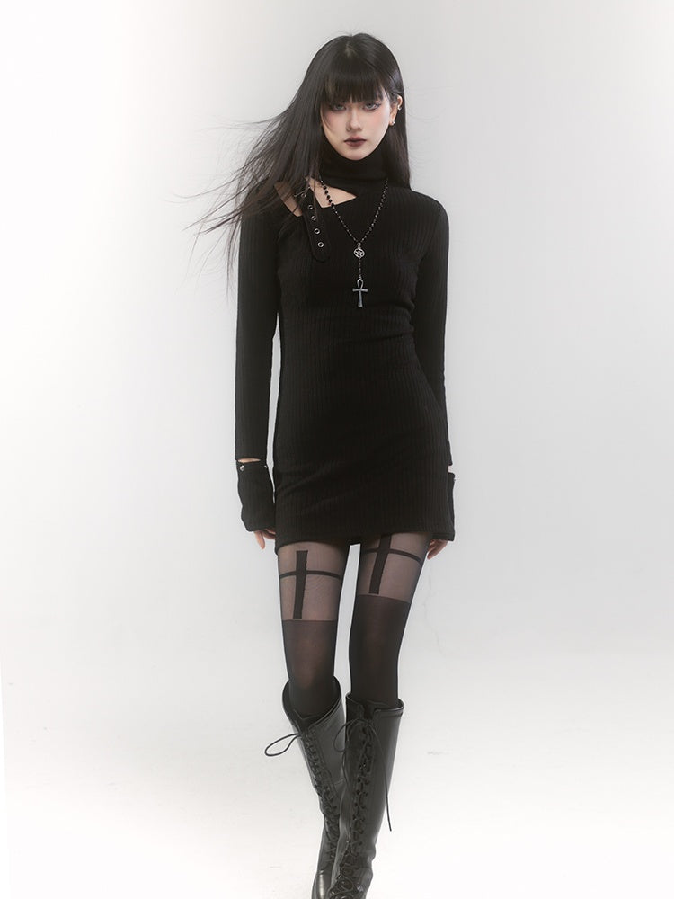 Black High Neck Cutout Shoulder Buckle Strap Thigh-length Knitted Dress