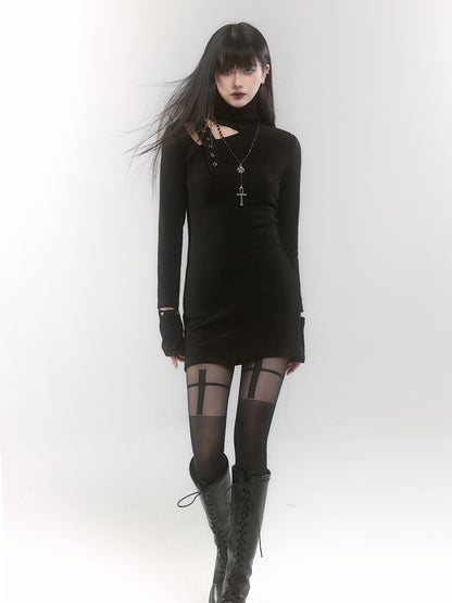 Black High Neck Cutout Shoulder Buckle Strap Thigh-length Knitted Dress