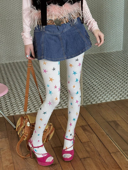 Opaque Colorful Sweet Star-Print Retro (Y2K Pantyhose Style)