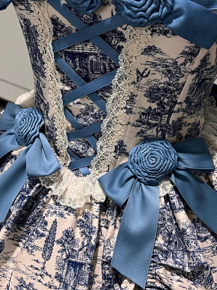 Bow Print Set + Elegant Skirt White Bolero Train High-low Rose Dress Jouy Blue and Accents de with Lolita Classic Toile