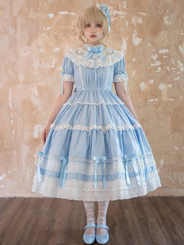 Dress Cotton Old Sleeves Edward Blue Neck Short Lolita OP Set School