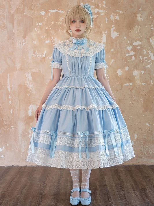 Dress Cotton Old Sleeves Edward Blue Neck Short Lolita OP Set School