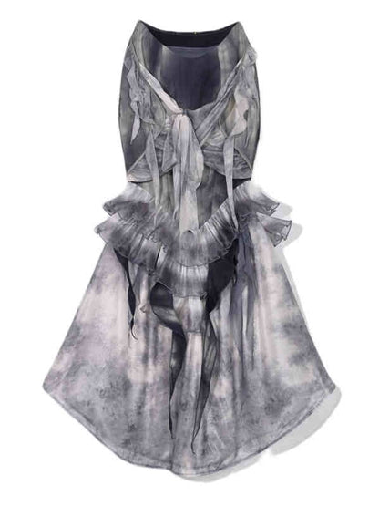 Staubblauer Rüschenvolant-Knierock „Corpse Bride“ im Gothic-Stil