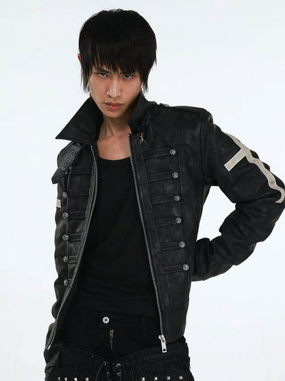 Genderless Punk Black Double-Breasted Decorative Faux Leather Jacket with Cross Pattern - DETW OnLine