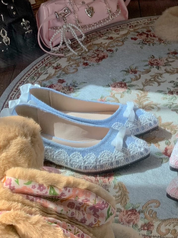 Flats Elegant Toe Slip-On Pointed Blue Lolita Accent Bow with -