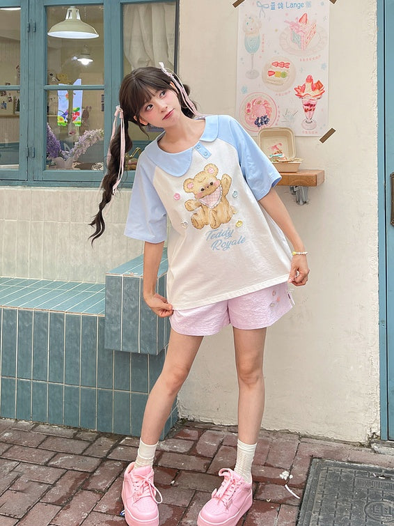 青と白のアシンメトリーピーターパンカラーベアプリントTシャツロングバージョン