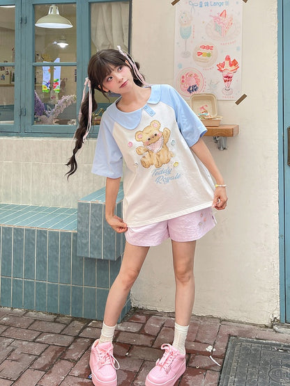 青と白のアシンメトリーピーターパンカラーベアプリントTシャツロングバージョン